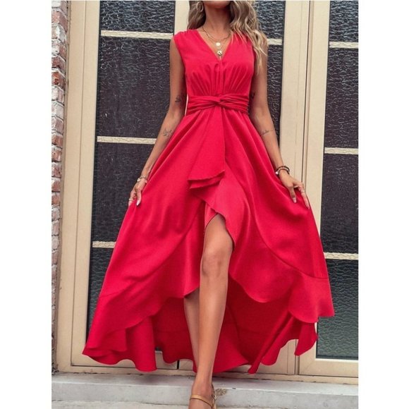 RED High Low Hem Twist Waist Maxi Dress - Picture 7 of 8